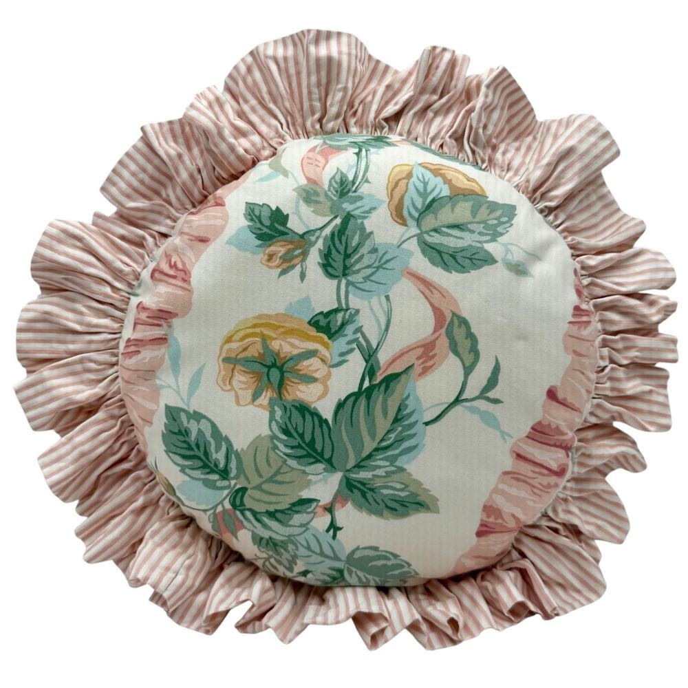 Vintage Cotton Sateen Floral Ruffle‎ Pillow Set Pink Stripe Round Cottage Accent - Picture 4 of 8